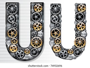 Vector mechanical alphabet of gears. Letter U