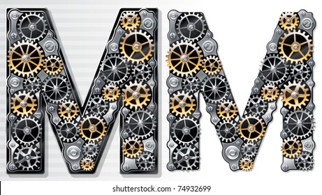 Vector mechanical alphabet of gears. Letter M