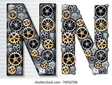 Vector mechanical alphabet of gears. Letter N