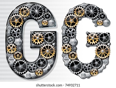 Alfabeto mecánico vectorial de los engranajes. Letra G