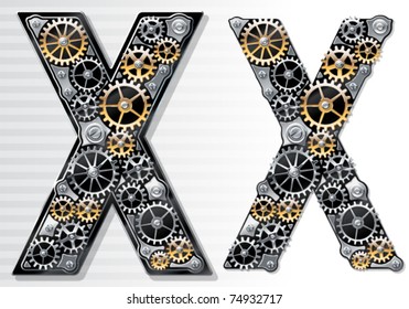 Vector mechanical alphabet of gears. Letter X