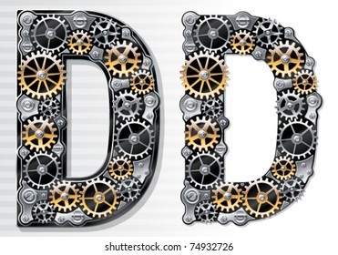Vector mechanical alphabet of gears. Letter D