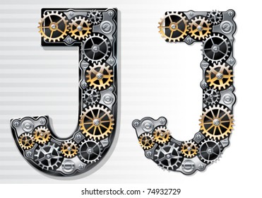 Vector mechanical alphabet of gears. Letter J