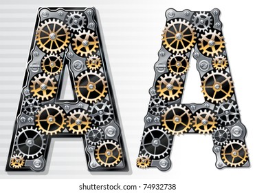 Vector mechanical alphabet of gears. Letter a