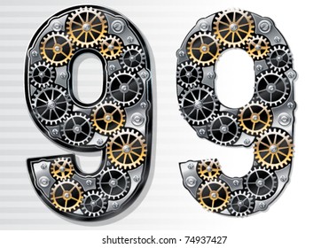 Alfabeto mecánico vectorial de los engranajes. Número 9