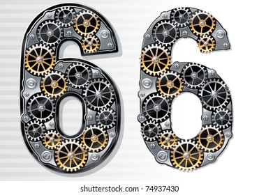 Vector mechanical alphabet of gears. Number 6