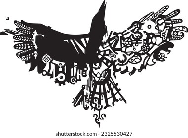 Vector mechanical crow shape illustration tattoo