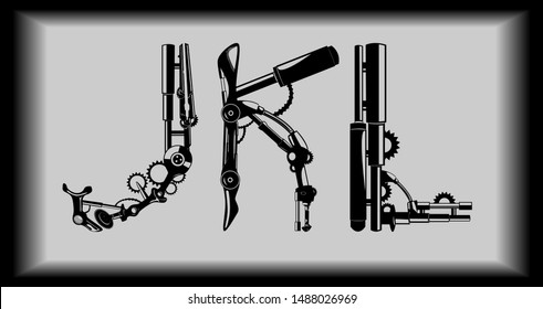 Vector mechanical cyber font. Three letters of the alphabet. Elements of robots and mechanisms. Wires, gears, etc. Illustrations.