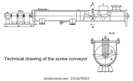 Vector mechanical drawing of the screw conveyor.
Engineering cad scheme. Technical background.