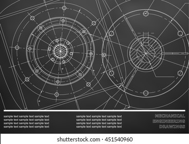 Vector Mechanical engineering drawings on a black background. Cover, Background for inscription labels. Corporate Identity