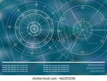 Vector Mechanical engineering drawings on a blue background. Cover, Background for inscription labels. Corporate Identity