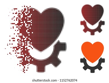 Vector mechanical heart icon in dispersed, pixelated halftone and undamaged solid variants. Disappearing effect uses rectangle sparks and horizontal gradient from red to black.