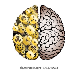 Vector Mechanical Human Brain On White Background. Cerebral Hemispheres, Convolutions Of The Mind Brain. Cog Wheel And Gears, Hard Process Of Thinking And Finding Ideas. Creativity, Brainstorm Concept