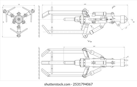 Máquina de movimiento de tierras de piezas mecánicas de Vector (excavadora).
Dibujo de montaje de ingeniería del dispositivo de acero
con líneas de cota. técnica de Industrial 
Esquema CAD en hoja de papel blanco. Herramienta mecanizada - eje. 