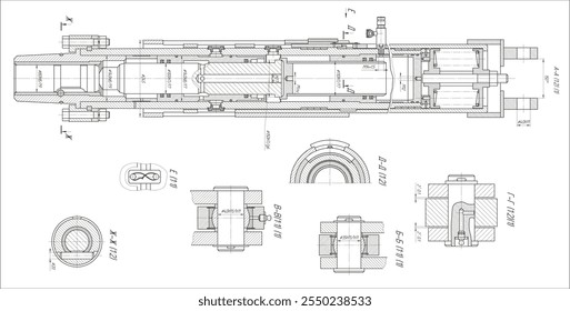 Vector mechanical part earthmoving machine (excavator).
Engineering assembly drawing of steel device
with dimension lines. Industrial technic 
cad scheme on white paper sheet. Machined tool - shaft. 