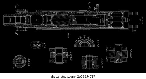 Máquina de terraplenagem de peças mecânicas vetoriais (escavadora).
Desenho de montagem de engenharia de dispositivo de aço
com linhas de dimensão. Técnica industrial 
esquema cad em papel. Ferramenta usinada - eixo. 
