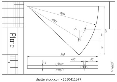 Vector parte mecánica de la máquina.
Dibujo de montaje de ingeniería del dispositivo de acero
con líneas de cota. técnica de Industrial 
Esquema CAD en hoja de papel blanco. Placa de metal mecanizada
con agujeros pasantes. 