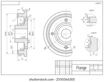 Vector parte mecánica de la máquina - brida. Dibujo de montaje de ingeniería del dispositivo de acero
con líneas de cota. técnica de Industrial 
Esquema CAD en hoja de papel blanco. Herramienta mecanizada
con agujeros pasantes.