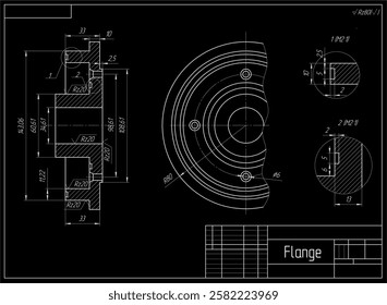 Vector mechanical part of machine - flange. Engineering assembly drawing of steel device
with dimension lines. Industrial technic cad scheme on paper sheet. Machined tool
with through holes. 
