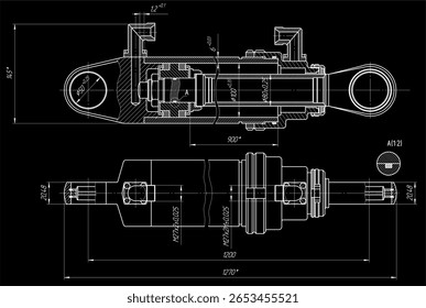 
Vector parte mecánica de la máquina - cilindro hidráulico.
Dibujo de montaje de ingeniería del dispositivo de acero
con líneas de cota. técnica de Industrial 
Esquema de tarjeta en hoja de papel. Herramienta mecanizada - eje. 