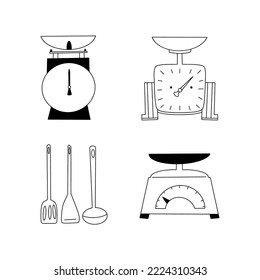 Escalas de retroceso mecánico vectorial. La cocina es de tipo lineal. Conjunto de iconos dibujados a mano de herramientas antiguas de Cocina. Ilustración del doodle.