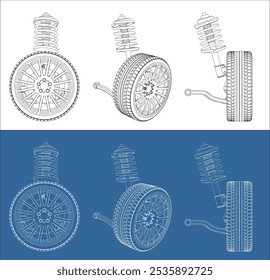 suspensão mecânica vetorial com pneu, jante, travão, paquímetro e plano de suspensão, desenho técnico isolado sobre fundo transparente
