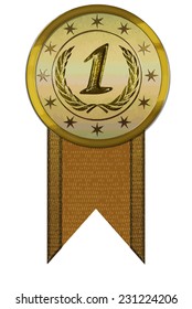 Vector Medal - First Place Gold On Shiny Metal With Ribbon