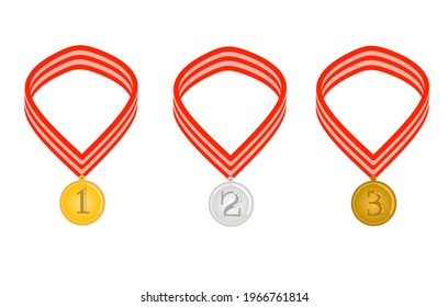 Vector medal in gold, silver and bronze colors.  The medals are associated with a red and white ribbon isolated in white.  Medal as a sign of victory or champion