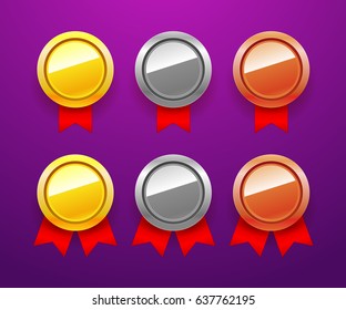 Vector medal icons set. Blank Medal Awards with Red Ribbon, gold, silver, bronze in cartoon style achievement icon design for game, ui, banner, mobile app, interface, game development. Winner icon
