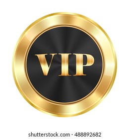 Vector medal made of gold with a black glossy background and golden inscription VIP