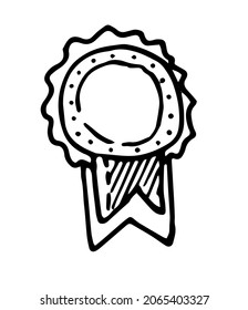 Vector medal ribbon, with a wreath. a hand-drawn victory sign in the style of a doodle, the order with a ribbon is an isolated black outline on a white background for a design template. winner's 