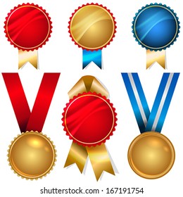 Vector medals and badges set - metallic with ribbons