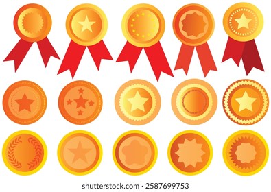 Vector medals icon set with ribbon for sports champion winner awards. Golden silver bronze medal.