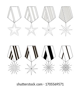 Vector medals and orders line art in black and white. Star shape. Transparent outline isolated. Ready for coloring. Game element design. Reward in the game