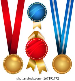 Vector medals set - metallic with ribbons