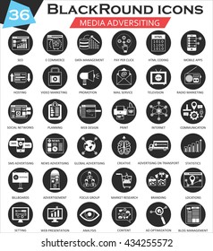 Vector Media advertisment circle white black icon set. Ultra modern icon design for web. 