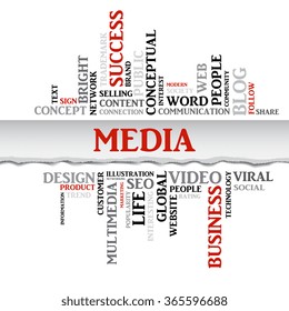 Vector MEDIA concept related words in tag cloud isolated on white different association business terms. The effect of torn paper
