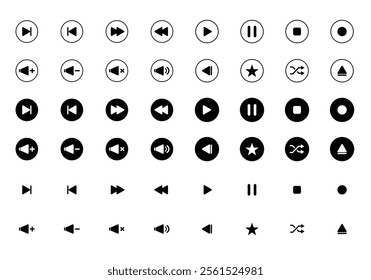 Vector Media Control Buttons for Music and Video, Play, Pause, Seek, Volume Adjustment.