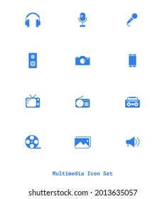 Vektor Media Devices und Multimedia-Symbole gesetzt. Unterhaltungsillustrationen, Kino, Lautsprecher, Bilder, Film, Filmrolle, Stereo, Radio, Fernsehen, Smartphone, Kamera, Mikrofon, Headset