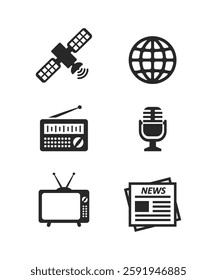 Vector Media Icons set on white background. Media Icons set satellite, globe, radio, microphone, TV, and newspaper. Stock illustration