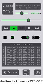 Vector media player. Audio player application, app with glossy style for smartphones, PC or tablets. Set buttons and switches. Mock-up player.