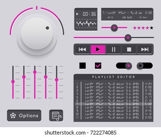 Vector media player. Audio player application, app with glossy style for smartphones, PC or tablets. Set buttons and switches. Mock-up player.