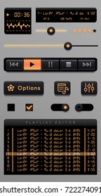 Vector media player. Audio player application, app with glossy style for smartphones, PC or tablets. Set buttons and switches. Mock-up player.