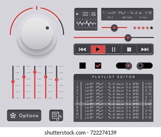Vector media player. Audio player application, app with glossy style for smartphones, PC or tablets. Set buttons and switches. Mock-up player.