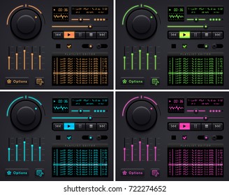 Vector media player. Audio player application, app with glossy style for smartphones, PC or tablets. Set buttons and switches. Mock-up player.