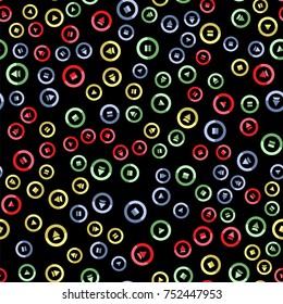 Vector Media player colorful button seamless pattern on black background
