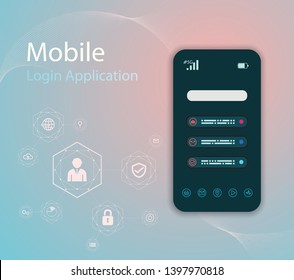 Vector Media technology illustration with mobile phone and icons.Login Application with finger print Form Window.Vector EPS 10