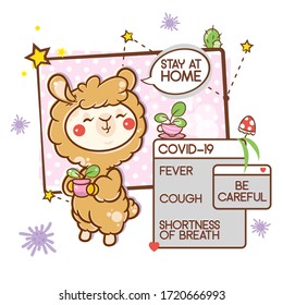 Vector medical art. Friendly poster with coronavirus symptoms, social illustration for health care and text “STAY AT HOME”  in epidemic’s preventing. Kawaii alpaca (or Llama) and COVID-19 symbol