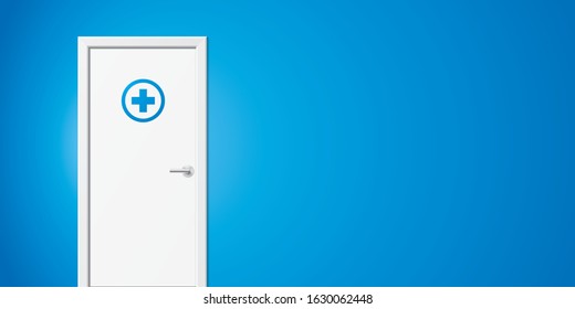 Vector medical background. Simple white door with cross icon on a blue wall background. Doctors room realistic illustration. Landscape healthcare banner with copy space. 