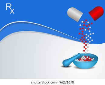 Vector medical background  template with mortar and pestle in blue.
